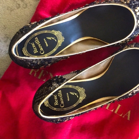 Rene Caovilla Black Gold Calf Flowers Kitten Heels